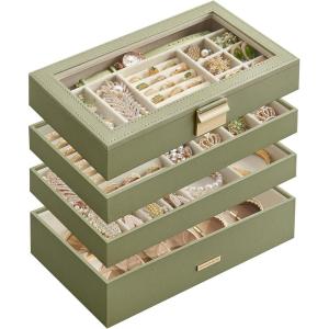 imageSONGMICS Stackable Jewelry Trays 4Tier Jewelry Box Drawer Jewelry Organizer with Glass Lid Removable Dividers for Vanity Table 67 x 11 x 72 Inches Gift Idea Cloud White UJBC164W01Laurel Green