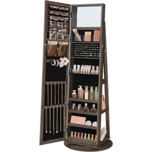 imageSONGMICS 360 Swivel Jewelry Cabinet Lockable Jewelry Organizer with FullLength Mirror Rear Storage Shelves Interior Mirror Jewelry Armoire Gift for Mom Rustic Brown UJJC006X01Ash Brown