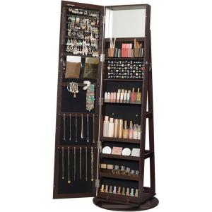 imageSONGMICS 360 Swivel Jewelry Cabinet Lockable Jewelry Organizer with FullLength Mirror Rear Storage Shelves Interior Mirror Jewelry Armoire Gift for Mom Rustic Brown UJJC006X01Brown