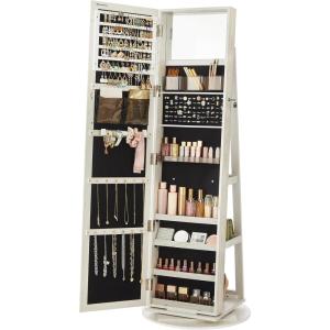 imageSONGMICS 360 Swivel Jewelry Cabinet Lockable Jewelry Organizer with FullLength Mirror Rear Storage Shelves Interior Mirror Jewelry Armoire Gift for Mom Rustic Brown UJJC006X01White with Gray Wood Grain