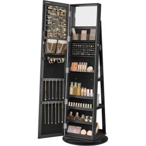 imageSONGMICS 360 Swivel Jewelry Cabinet Lockable Jewelry Organizer with FullLength Mirror Rear Storage Shelves Interior Mirror Jewelry Armoire Gift for Mom Rustic Brown UJJC006X01Black