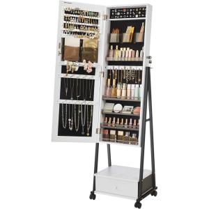 imageSONGMICS Jewelry Cabinet Floor Standing Lockable Jewelry Organizer with High FullLength Mirror Bottom Drawer Shelf Wheels Jewelry Armoire Gift Idea Rustic Brown and Black UJJC004X01Distressed White  Black