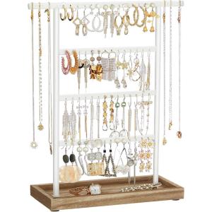 imageSONGMICS Jewelry Organizer 4Tier Earring Holder Organizer Stand with Base Tray Gift for Mom for Studs and Necklaces Vintage Wood Color and White UJJS019W01Wood Color  White