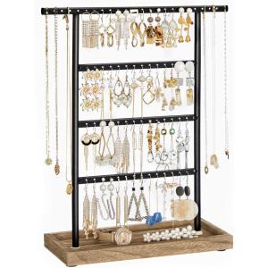 imageSONGMICS Jewelry Organizer 4Tier Earring Holder Organizer Stand with Base Tray Gift for Mom for Studs and Necklaces Vintage Wood Color and White UJJS019W01Wood Color  Black