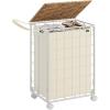 imageSONGMICS Laundry Hamper 130L Laundry Basket with Lid Clothes Hamper with Wheels Collapsible Removable Liner Bag IronMade Laundry Sorter Ink Black and Slate Gray ULCB313B11Natural Beige  Cream White