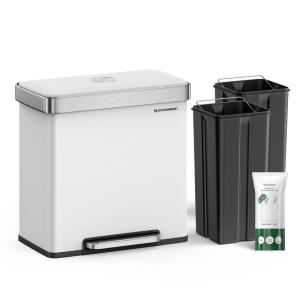 imageSONGMICS Kitchen Trash Can 16 Gallons 2 x 8 Gallons Dual Compartment Garbage Can 60L Pedal Recycling Bin StayOpen Lid and Soft Closure Stainless Steel 15 Bags Included Silver ULTB202E01White
