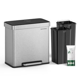 imageSONGMICS Kitchen Trash Can 16 Gallons 2 x 8 Gallons Dual Compartment Garbage Can 60L Pedal Recycling Bin StayOpen Lid and Soft Closure Stainless Steel 15 Bags Included Silver ULTB202E01Silver