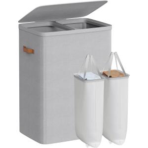 imageSONGMICS Laundry Basket 449 Gal Laundry Hamper 2 Compartments Easy Assembly with Lid and Handles Removable Inner Bags 22 x 157 x 295 Inches Ink Black ULCB813B01Dove Gray