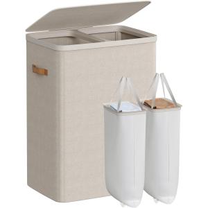 imageSONGMICS Laundry Basket 449 Gal Laundry Hamper 2 Compartments Easy Assembly with Lid and Handles Removable Inner Bags 22 x 157 x 295 Inches Ink Black ULCB813B01Cappuccino Beige