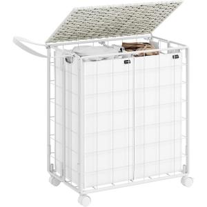 imageSONGMICS Laundry Hamper 130L Laundry Basket with Lid Clothes Hamper with Wheels Collapsible Removable Liner Bag IronMade Laundry Sorter Ink Black and Slate Gray ULCB313B11Cloud White