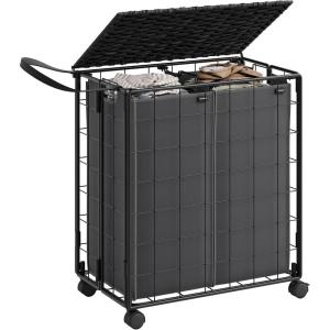imageSONGMICS Laundry Hamper 130L Laundry Basket with Lid Clothes Hamper with Wheels Collapsible Removable Liner Bag IronMade Laundry Sorter Ink Black and Slate Gray ULCB313B11Ink Black  Slate Gray