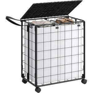 imageSONGMICS Laundry Hamper 130L Laundry Basket with Lid Clothes Hamper with Wheels Collapsible Removable Liner Bag IronMade Laundry Sorter Ink Black and Slate Gray ULCB313B11Ink Black  Cloud White