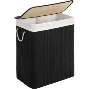 imageSONGMICS Laundry Hamper 396 Gallons 150L 3Section Laundry Basket Laundry Hamper with Lid Bamboo Foldable Removable and Machine Washable Liner for Laundry Room Bedroom Natural ULCB091N01Black