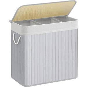 imageSONGMICS Laundry Hamper 396 Gallons 150L 3Section Laundry Basket Laundry Hamper with Lid Bamboo Foldable Removable and Machine Washable Liner for Laundry Room Bedroom Gray ULCB091G01Gray