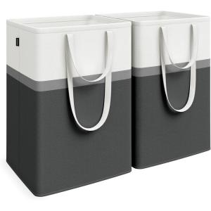 imageSONGMICS Set of 2 Laundry Basket 110 L Foldable Laundry Hamper Clothes Hamper Bag with Short and Long Handles Easy to Transport and Clean Freestanding for Bedroom Bathroom Slate Gray ULCB210G01Ink Black