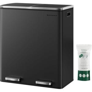 imageSONGMICS Trash Can 2 x 8 Gallon 2 x 30 L Garbage Can for Kitchen with 15 Trash Bags 2 Compartments Plastic Inner Buckets and Hinged Lids Airtight Black ULTB60BKBlack