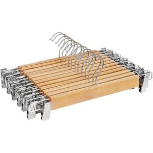 imageSONGMICS Wooden Pants Hangers 12 Pack Pants Hangers with Clips Adjustable AntiRust Metal Clips 360 Swivel Hook Skirt Hangers for Pant Skirts Natural Grain UCRW00812With Clips
