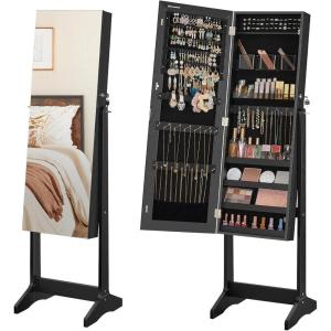 imageSONGMICS Jewelry Cabinet Armoire Freestanding Lockable Storage Organizer Unit with 2 Plastic Cosmetic Storage FullLength Frameless Mirror for Necklace Earring White UJJC002W01Black