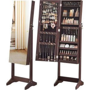 imageSONGMICS Jewelry Cabinet Armoire Freestanding Lockable Storage Organizer Unit with 2 Plastic Cosmetic Storage FullLength Frameless Mirror for Necklace Earring White UJJC002W01Brown