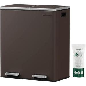 imageSONGMICS Trash Can 2 x 8 Gallon 2 x 30 L Garbage Can for Kitchen with 15 Trash Bags 2 Compartments Plastic Inner Buckets and Hinged Lids Airtight Black ULTB60BKBrown