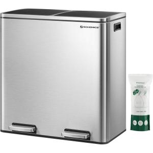 imageSONGMICS Trash Can 2 x 8 Gallon 2 x 30 L Garbage Can for Kitchen with 15 Trash Bags 2 Compartments Plastic Inner Buckets and Hinged Lids Airtight Black ULTB60BKSilver  Black
