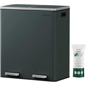 imageSONGMICS Trash Can 2 x 8 Gallon 2 x 30 L Garbage Can for Kitchen with 15 Trash Bags 2 Compartments Plastic Inner Buckets and Hinged Lids Airtight Black ULTB60BKGreenishGray