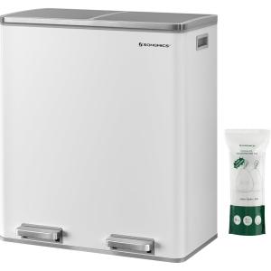 imageSONGMICS Trash Can 2 x 8 Gallon 2 x 30 L Garbage Can for Kitchen with 15 Trash Bags 2 Compartments Plastic Inner Buckets and Hinged Lids Airtight Black ULTB60BKWhite  Gray