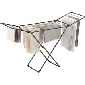 imageSONGMICS Clothes Drying Rack Metal Laundry Drying Rack Foldable SpaceSaving FreeStanding Airer with 2 Gullwings Indoor Outdoor Use Bed Linen Clothing Gray ULLR540G01Black