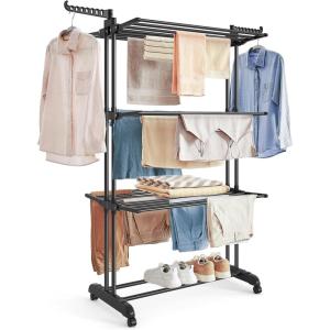 imageSONGMICS Clothes Drying Rack Stand 4Tier Foldable Laundry Drying Rack 681Inch Tall Steel Rolling Clothes Horses Dryer Rack Easy to Assemble Indoor Outdoor Use Dove Gray ULLR701G01Black