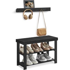 imageSONGMICS Coat Rack Shoe Bench Set 3Tier Bamboo Shoe Rack Bench Multifunctional 5 Double Metal Hooks for Entryway Hallway Bedroom Natural Beige ULCR004N01V1Ink Black