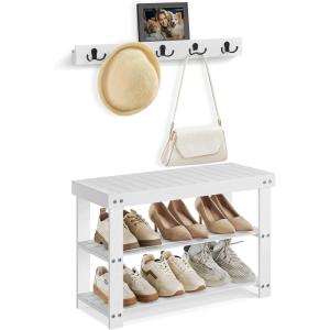 imageSONGMICS Coat Rack Shoe Bench Set 3Tier Bamboo Shoe Rack Bench Multifunctional 5 Double Metal Hooks for Entryway Hallway Bedroom Natural Beige ULCR004N01V1Cloud White