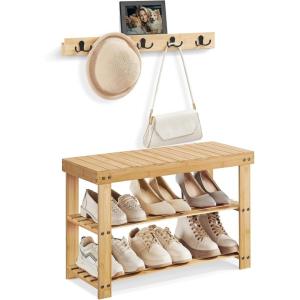 imageSONGMICS Coat Rack Shoe Bench Set 3Tier Bamboo Shoe Rack Bench Multifunctional 5 Double Metal Hooks for Entryway Hallway Bedroom Natural Beige ULCR004N01V1Natural Beige