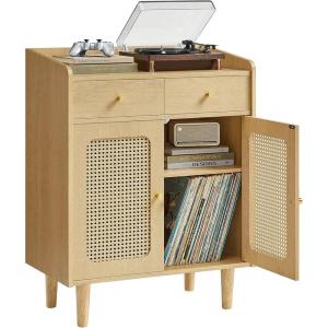 imageSONGMICS HOME Superfast Toolless Assembly Storage Cabinet Accent Buffet Cabinet with Lighting and Glass Shelf Sideboard Minimalist Snow White UBBK372W02Oak Beige