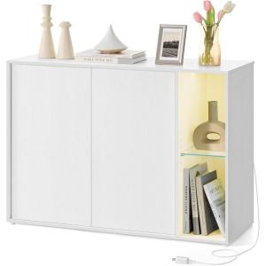 imageSONGMICS HOME Superfast Toolless Assembly Storage Cabinet Accent Buffet Cabinet with Lighting and Glass Shelf Sideboard Minimalist Snow White UBBK372W02Snow White