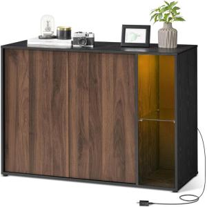 imageSONGMICS HOME Superfast Toolless Assembly Storage Cabinet Accent Buffet Cabinet with Lighting and Glass Shelf Sideboard Minimalist Snow White UBBK372W02Natural Walnut  Ebony Black