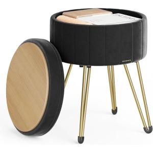 imageSONGMICS Vanity Stool Chair Small Ottoman Stool with Storage Vanity Chair 154 Dia x 174 Inches 4 Metal Legs for Makeup Room for Living Room Bedroom Cream White ULOM002W01Ink Black