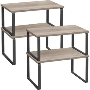 imageSONGMICS Cabinet Organizer Shelf Set of 4 Kitchen Counter Shelves Kitchen Storage Spice Rack Stackable Expandable Metal and Engineered Wood Ink Black and Natural Beige UKCS10NBInk Black  Heather Greige