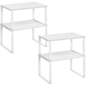 imageSONGMICS Cabinet Organizer Shelf Set of 4 Kitchen Counter Shelves Kitchen Storage Spice Rack Stackable Expandable Metal and Engineered Wood Ink Black and Natural Beige UKCS10NBCloud White  Snow White