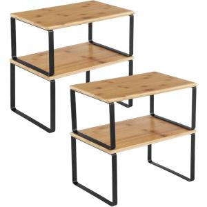 imageSONGMICS Cabinet Organizer Shelf Set of 4 Kitchen Counter Shelves Kitchen Storage Spice Rack Stackable Expandable Metal and Engineered Wood Ink Black and Natural Beige UKCS10NBInk Black  Natural Beige
