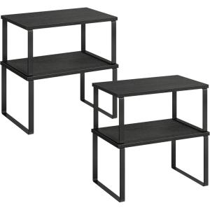 imageSONGMICS Cabinet Organizer Shelf Set of 4 Kitchen Counter Shelves Kitchen Storage Spice Rack Stackable Expandable Metal and Engineered Wood Ink Black and Natural Beige UKCS10NBInk Black  Ebony Black