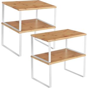 imageSONGMICS Cabinet Organizer Shelf Set of 4 Kitchen Counter Shelves Kitchen Storage Spice Rack Stackable Expandable Metal and Engineered Wood Ink Black and Natural Beige UKCS10NBCloud White  Natural Beige
