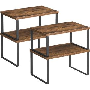 imageSONGMICS Cabinet Organizer Shelf Set of 4 Kitchen Counter Shelves Kitchen Storage Spice Rack Stackable Expandable Metal and Engineered Wood Ink Black and Natural Beige UKCS10NBInk Black  Rustic Brown