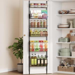 imageSONGMICS OvertheDoor Pantry Organizer 6Tier Pantry Organizers and Storage Spice Rack 6 Adjustable Baskets Fits Door Height 773834 Inches Holds 88 lb Wall Mounted Ink Black UKCS047B01Ink Black