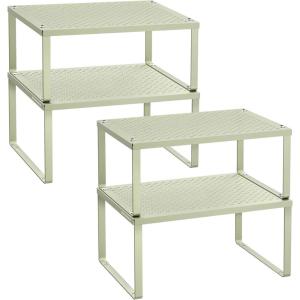 imageSONGMICS Spice Racks Cabinet Shelf Organizers Shelf Organizers Countertop Organizers Shelf Risers Stackable Expandable Set of 4 Metal Kitchen Counter Shelves White UKCS006W01Laurel Green