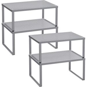 imageSONGMICS Spice Racks Cabinet Shelf Organizers Shelf Organizers Countertop Organizers Shelf Risers Stackable Expandable Set of 4 Metal Kitchen Counter Shelves White UKCS006W01Silver