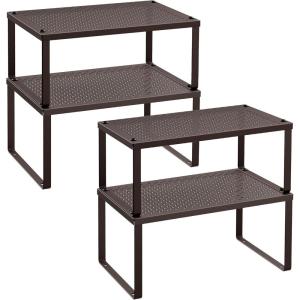 imageSONGMICS Spice Racks Cabinet Shelf Organizers Shelf Organizers Countertop Organizers Shelf Risers Stackable Expandable Set of 4 Metal Kitchen Counter Shelves White UKCS006W01Brown
