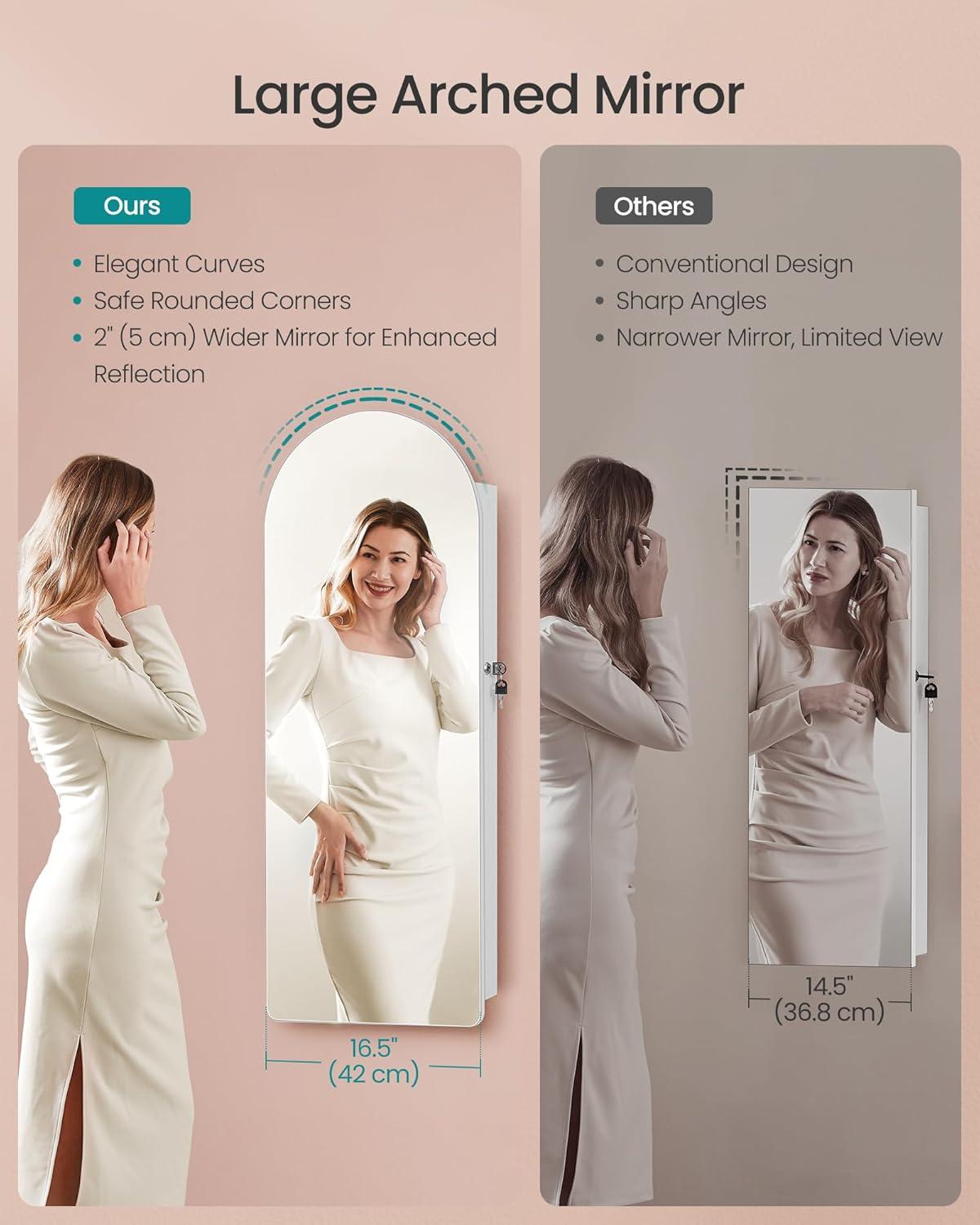 imageSONGMICS Wide Jewelry Organizer LED Jewelry Cabinet WallDoor Mounted Arched Mirror with Storage Lockable Rounded Corner Interior Mirror Gift for Mom 39 x 165 x 425 Inches Cloud WhiteCloud White