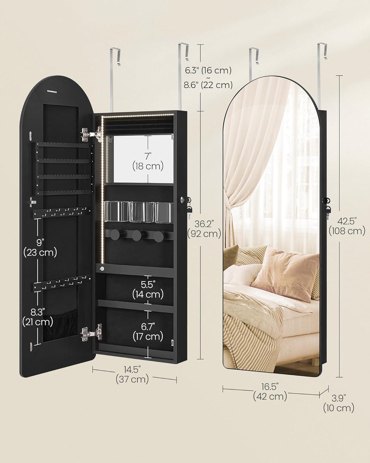 imageSONGMICS Wide Jewelry Organizer LED Jewelry Cabinet WallDoor Mounted Arched Mirror with Storage Lockable Rounded Corner Interior Mirror Gift for Mom 39 x 165 x 425 Inches Cloud WhiteInk Black
