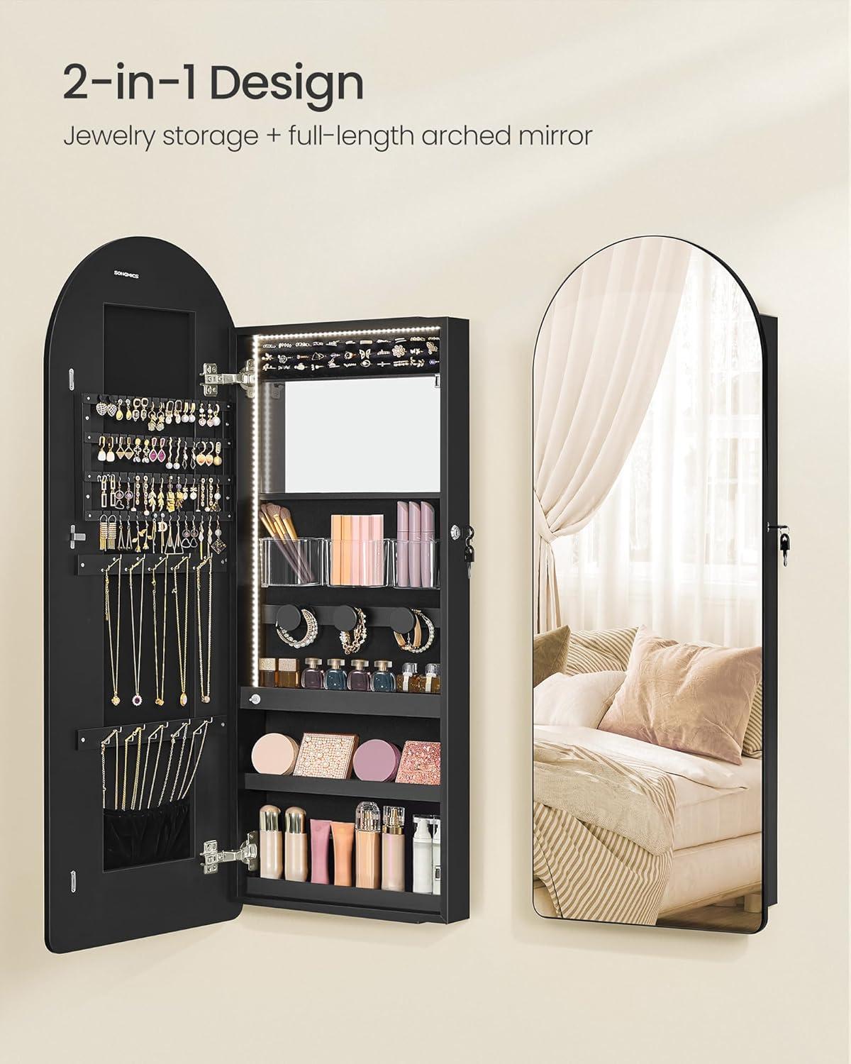 imageSONGMICS Wide Jewelry Organizer LED Jewelry Cabinet WallDoor Mounted Arched Mirror with Storage Lockable Rounded Corner Interior Mirror Gift for Mom 39 x 165 x 425 Inches Cloud WhiteInk Black