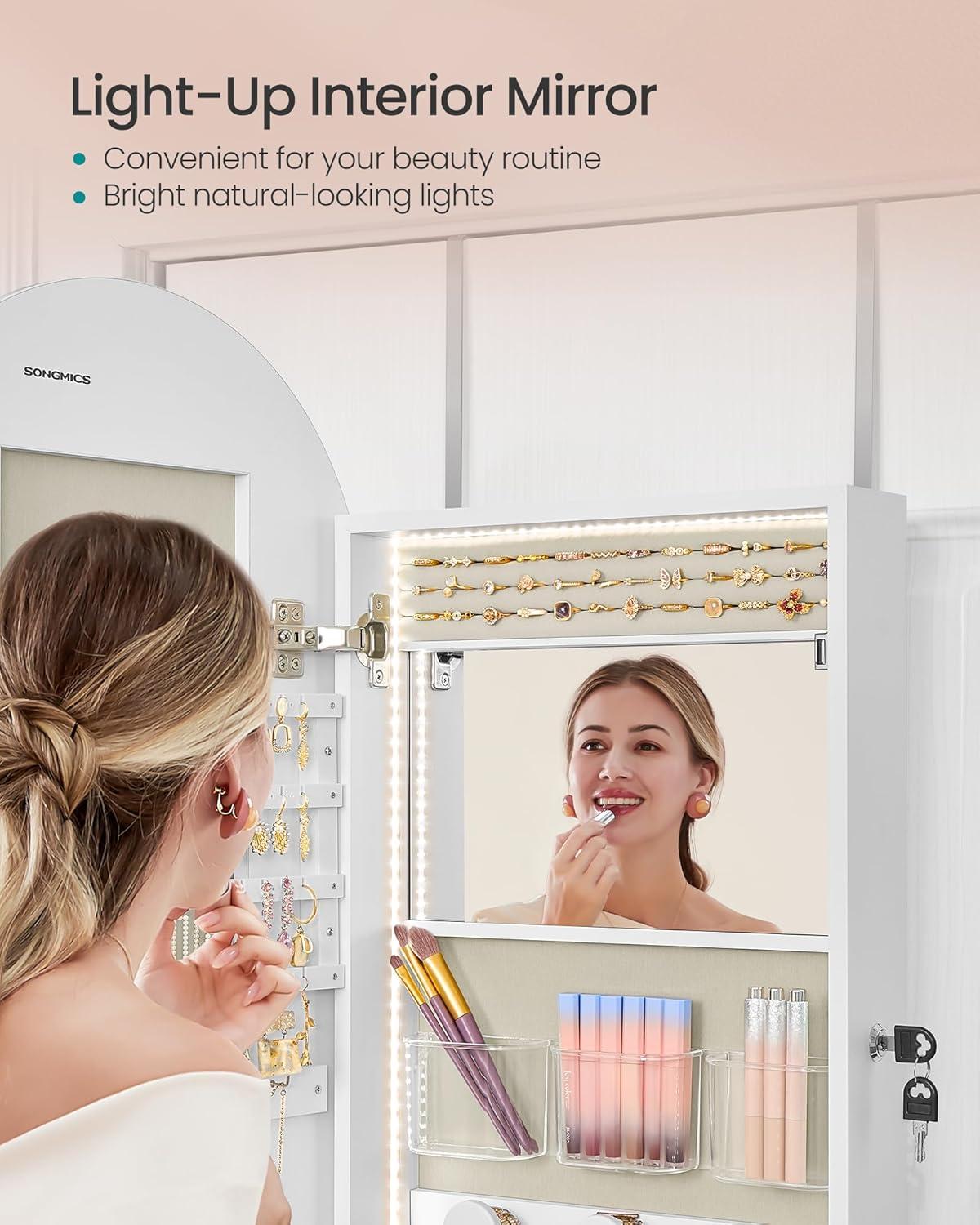imageSONGMICS Wide Jewelry Organizer LED Jewelry Cabinet WallDoor Mounted Arched Mirror with Storage Lockable Rounded Corner Interior Mirror Gift for Mom 39 x 165 x 425 Inches Cloud WhiteCloud White